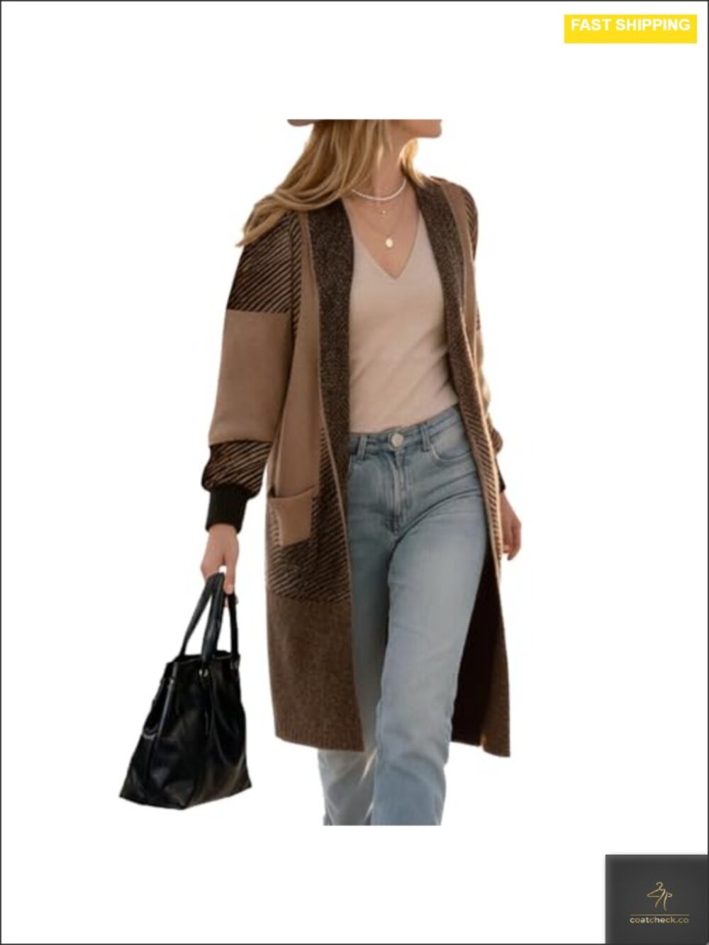 Chunky Knit Open Front Long Cardigan Sweater Color Block V-Neck